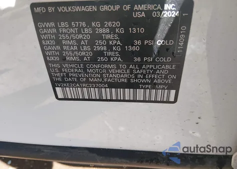 2024 Volkswagen Atlas Cross Sport 2.0T Se W/Technology from USA, damaged, VIN 1V2KE2CA1RC237004